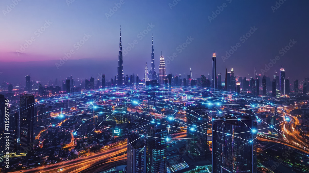 Fototapeta premium Smart digital Innovation city with connection network reciprocity over the cityscape. of future smart wireless digital city and social media networking systems that connects people with in city