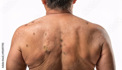 age spots and pigmentation on the upper back of an older individual, showcasing detailed skin texture and isolated on a white background
 photo