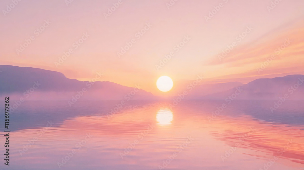 Fototapeta premium Sunset over foggy lake, soft orange and pink reflections. Tranquil, serene, peaceful, nature's beauty.