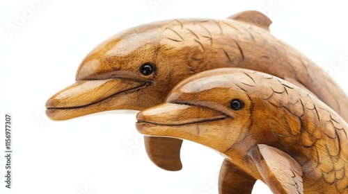 Wooden dolphin sculptures on a white isolated background. photo