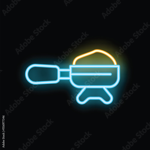 Glowing neon icon of a portafilter holding ground coffee, ready for brewing a delicious espresso beverage