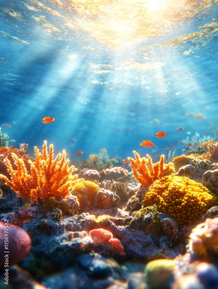 Fototapeta premium Sunlit Ocean Coral Reef Depths - Vibrant coral, sunlit ocean, diverse marine life, tranquil underwater scene, moody depths. Symbolizing serenity, beauty, life, mystery, and wonder.