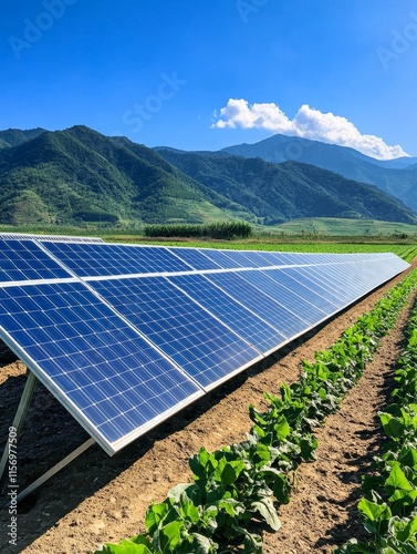 Solar Panels in Green Field - Sustainable energy, clean power, eco-friendly technology, renewable resource, agricultural landscape. photo