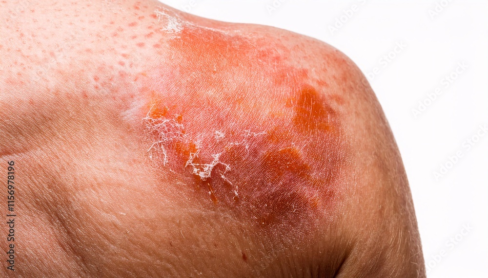 Fototapeta premium close-up of sunburned shoulder showing redness, peeling skin, and inflammation, isolated on a white background