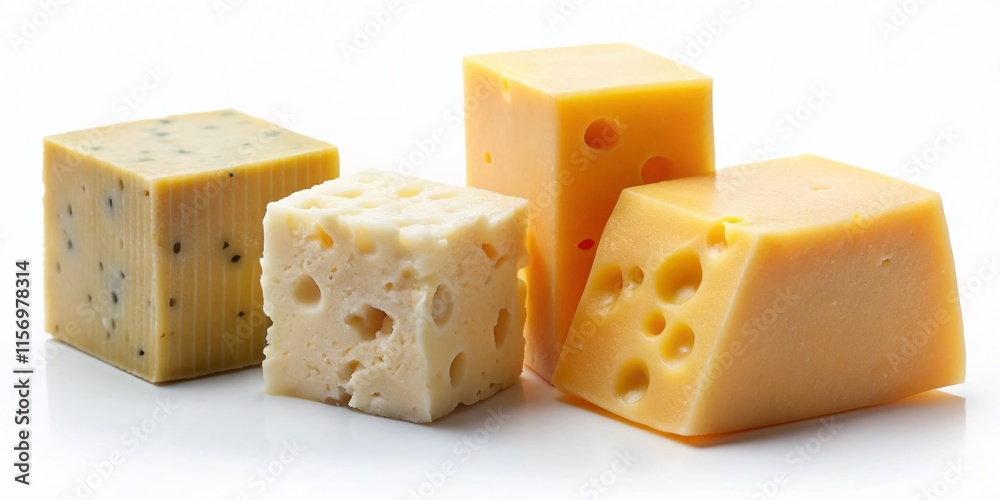 Minimalist Cheese Cubes: Assorted Varieties on White Background Minimalist Cheese Cubes: Assorted Varieties on White Background