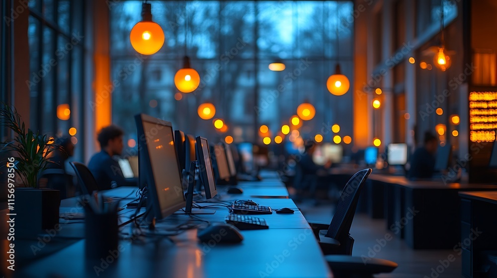 Modern office workspace illuminated by warm lighting at night Modern office workspace illuminated by warm lighting at night