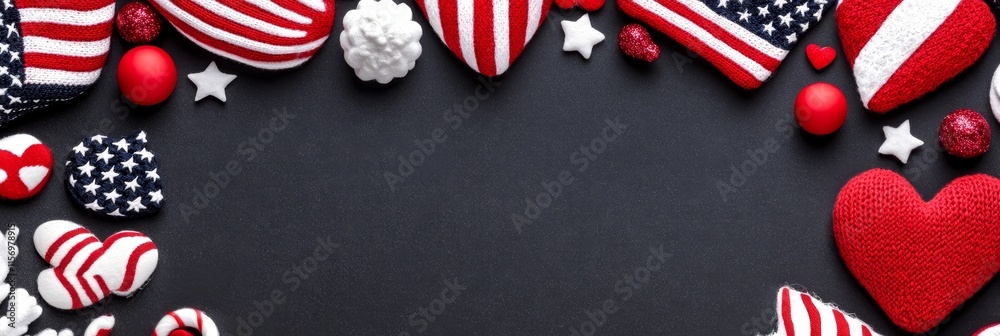 Obraz premium USA Patriotic Winter Hearts Banner - Festive winter scene with USA flag hearts, stars, and red ornaments. Patriotic, celebratory, wintery, love, and American themes combine for a visually appealing d