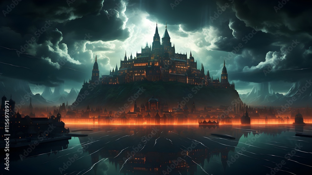 Naklejka premium Futuristic fortress of glowing circuitry against stormy skies - Generative AI.