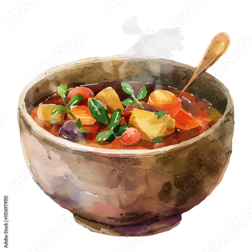 A watercolor vector of a steaming bowl of vegetable soup with autumn spices, isolated on a white background. Soup vector.
