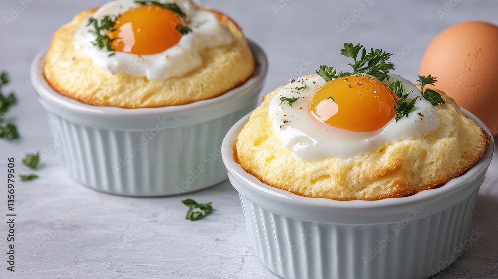 Chicken and Duck Egg Concept, Delicious Duck and Chicken Egg Soufflés Topped with Fresh Herbs in Elegant Ramekins Chicken and Duck Egg Concept, Delicious Duck and Chicken Egg Soufflés Topped with Fresh Herbs in Elegant Ramekins