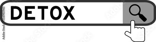 Search banner in word detox with hand over magnifier icon on white background