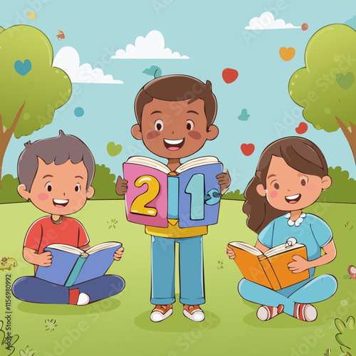 Happy children reading books in the park. Vector illustration of kids reading books.