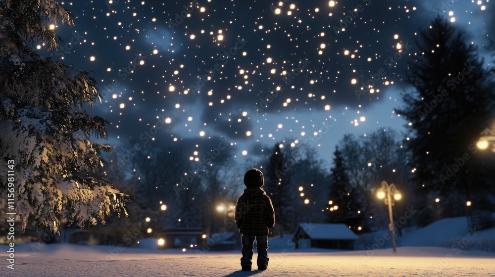Snow clouds fill the sky as a boy stands in the snow, watching the dim moonlight filter through, creating a serene atmosphere Snow clouds fill the sky as a boy stands in the snow, watching the dim moonlight filter through, creating a serene atmosphere