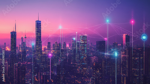 Wallpaper Mural Smart digital Innovation city with connection network reciprocity over the cityscape. of future smart wireless digital city and social media networking systems that connects people with in city Torontodigital.ca