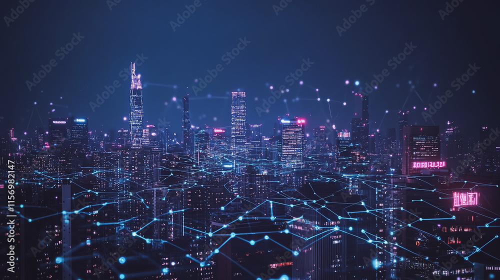 Fototapeta premium Smart digital Innovation city with connection network reciprocity over the cityscape. of future smart wireless digital city and social media networking systems that connects people with in city
