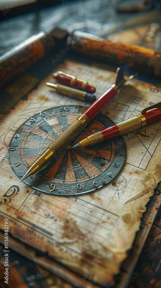 Fototapeta premium Intricate darts on a vintage table close-up still life artistic setting hyper-realistic detailing