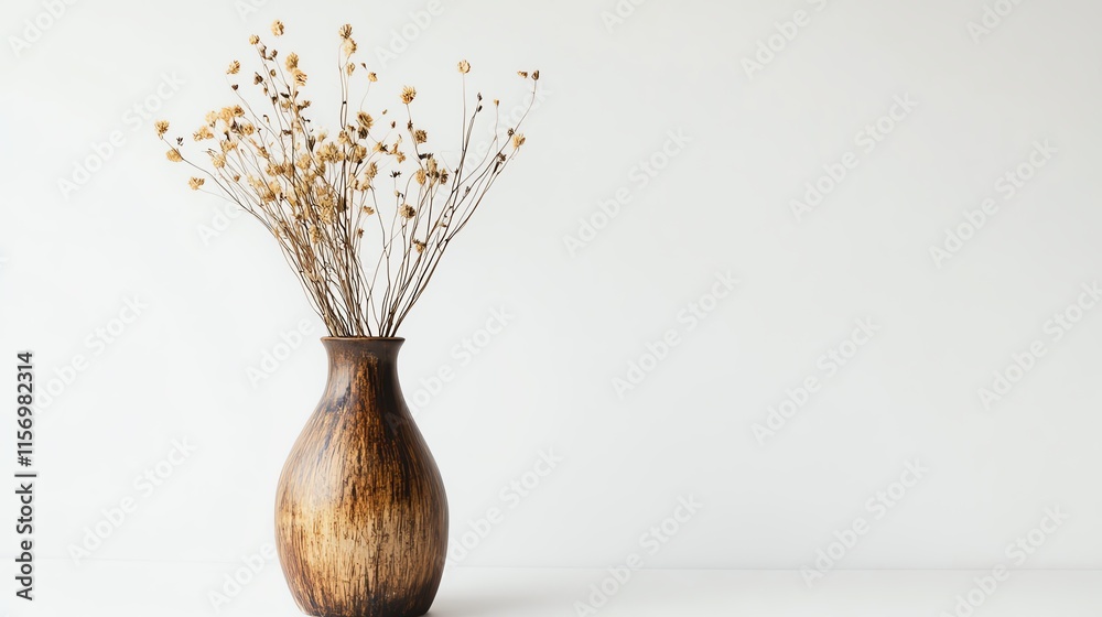 Decorative vase with dried flowers on a minimalist white background. Decorative vase with dried flowers on a minimalist white background.