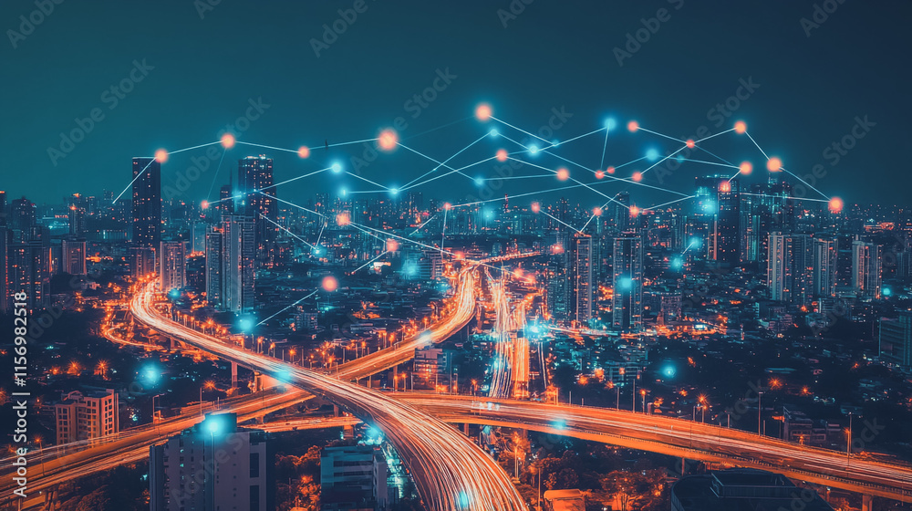 Obraz premium Smart digital Innovation city with connection network reciprocity over the cityscape. of future smart wireless digital city and social media networking systems that connects people with in city