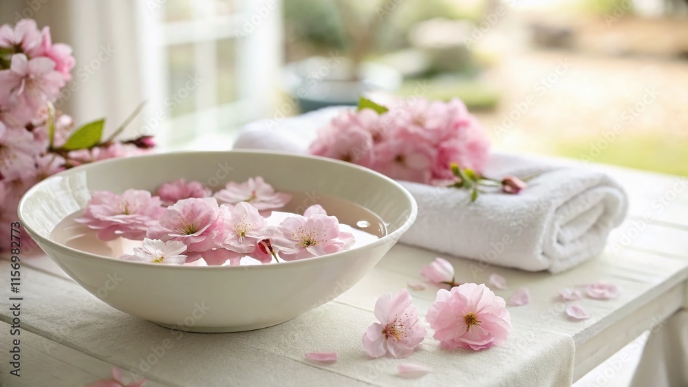 Minimalist Spa Still Life: Pink Blossoms in a Bowl on a Table Minimalist Spa Still Life: Pink Blossoms in a Bowl on a Table