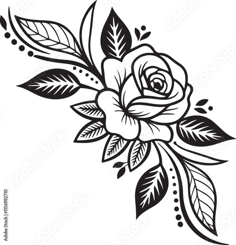 Ornate black and white stylized rose in corner