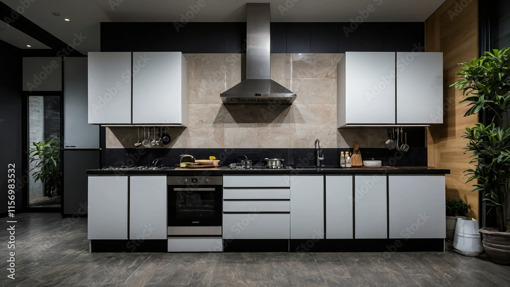 Front view of a house kitchen design concept with a background of cooking equipment and vacant area for text Front view of a house kitchen design concept with a background of cooking equipment and vacant area for text