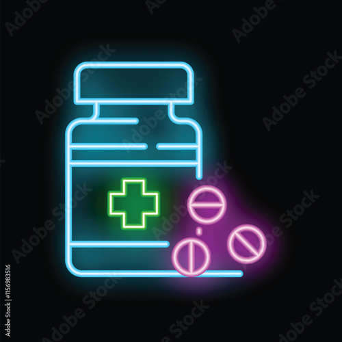 Bright neon medical pills bottle glowing on a black background