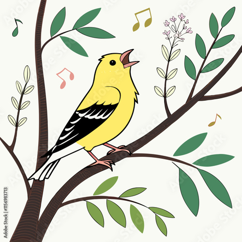 A cheerful American Goldfinch bird singing sweetly, perfect for nature lovers and bird-themed designs.