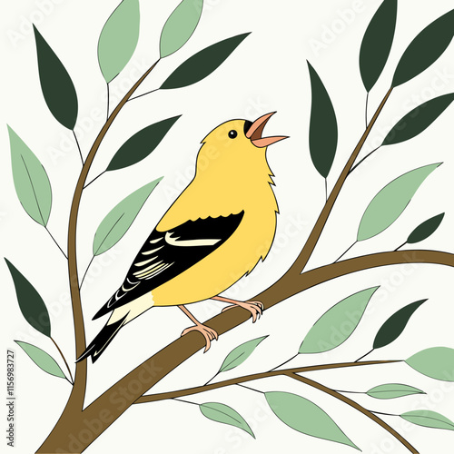 A cheerful American Goldfinch bird singing sweetly, perfect for nature lovers and bird-themed designs.