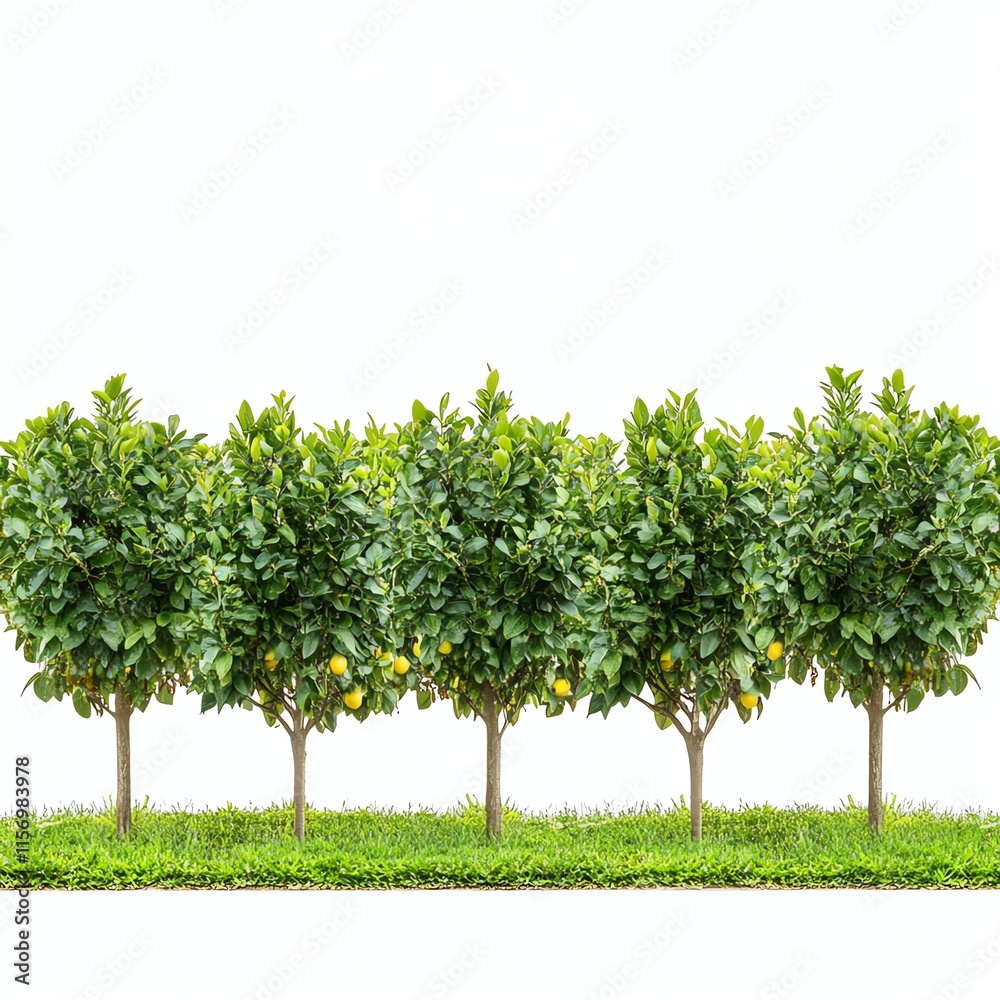 Lush green lemon trees row, isolated on white background. Lush green lemon trees row, isolated on white background.