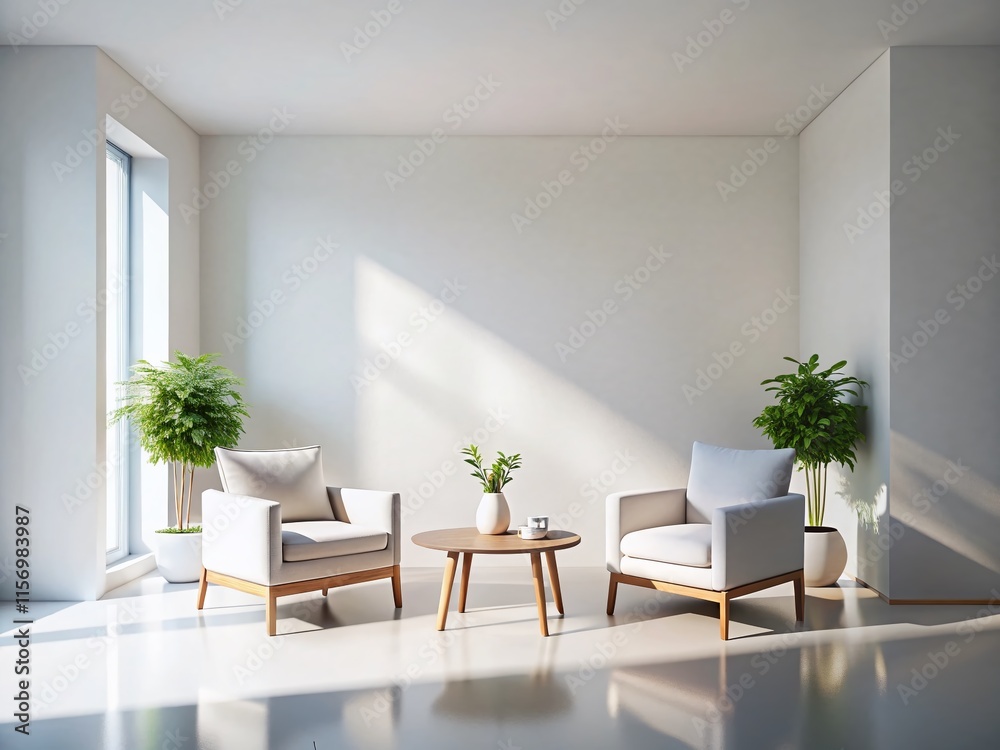 Fototapeta premium Minimalist White Room Interior: Armchairs, Coffee Table, Empty Wall, Art Presentation Layout
