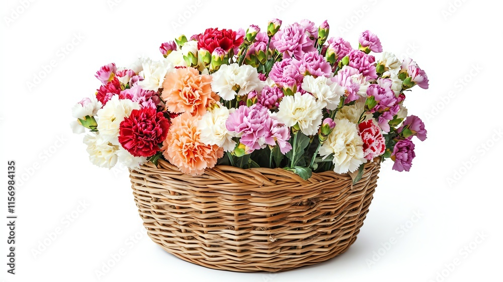 Colorful bouquet of mixed flowers in a wicker basket, white isolated background. Colorful bouquet of mixed flowers in a wicker basket, white isolated background.