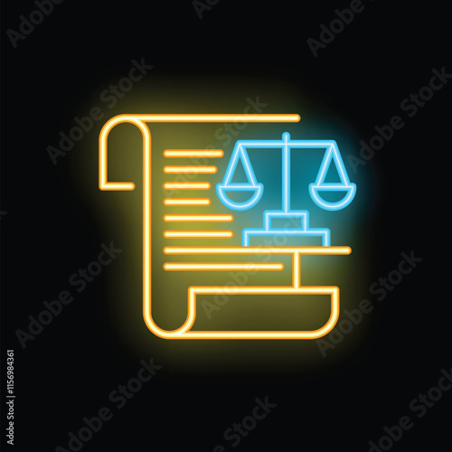 Glowing neon icon depicting a legal document with scales, symbolizing law, justice, and legal proceedings