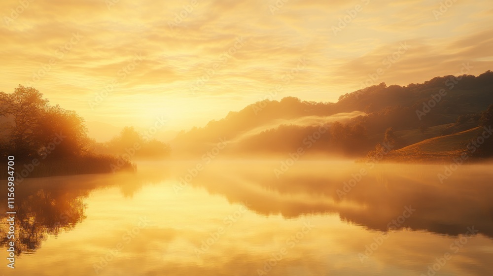 Golden sunrise over calm lake with misty hills reflecting in water. Golden sunrise over calm lake with misty hills reflecting in water.