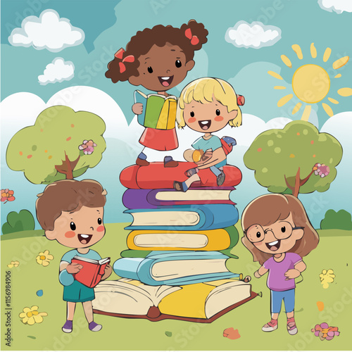 Children reading books in the park. Vector illustration of a group of children reading books.