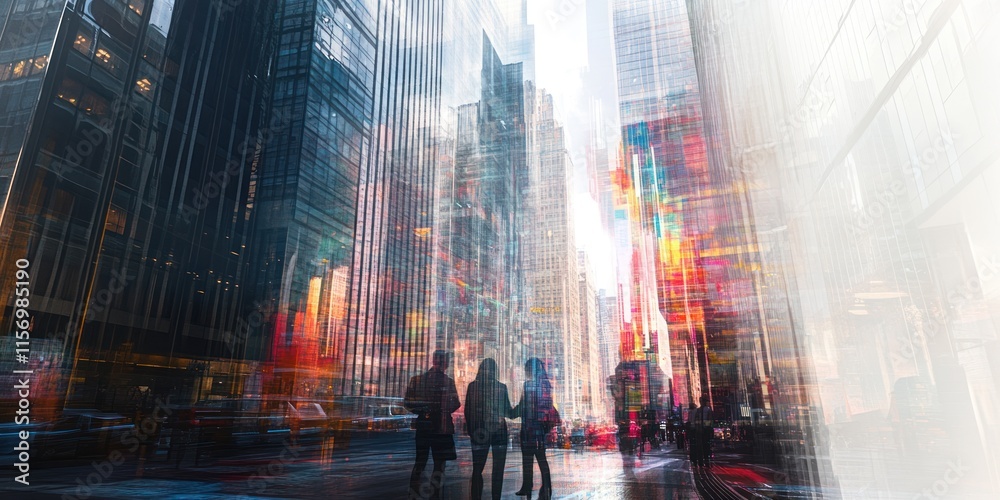 Silhouetted figures stand on a bustling city street, amidst towering skyscrapers and vibrant city lights.