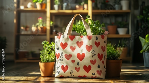 Heart-patterned tote with indoor plants.