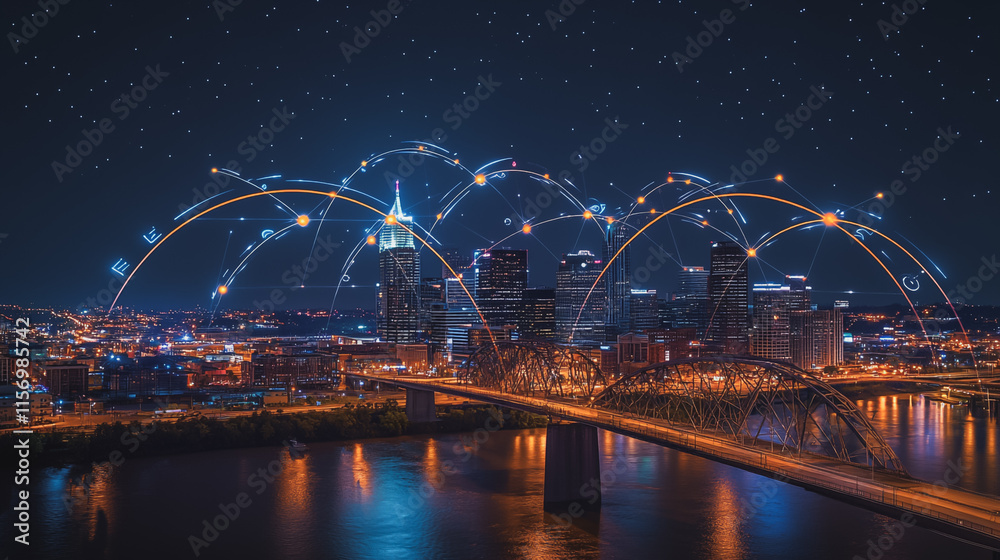 Obraz premium Smart digital Innovation city with connection network reciprocity over the cityscape. of future smart wireless digital city and social media networking systems that connects people with in city