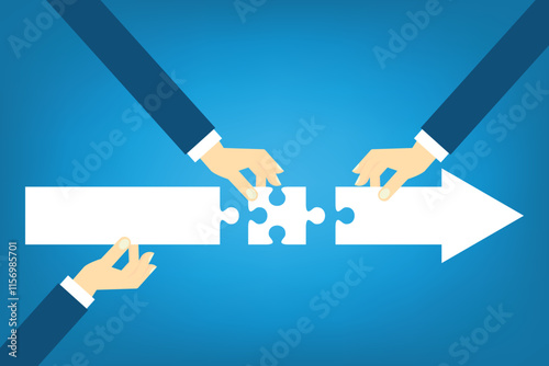 Teamwork working together to success, cooperation or team building collaborate to solve problem, partnership, help and support, business people colleagues help work together to connect jigsaw puzzle.