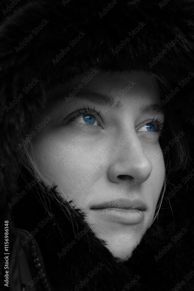 Porträt einer Person mit blauen Augen in Winterkleidung
Porträt einer Person mit blauen Augen in Winterkleidung