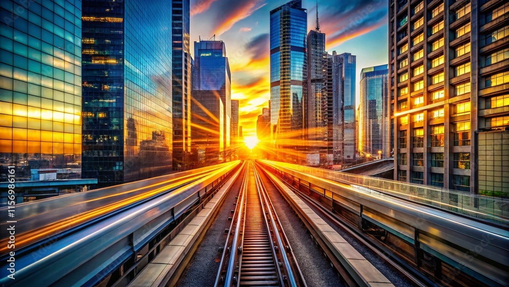 Fototapeta premium Modern Cityscape: Double Exposure of Skyscrapers and Transit System