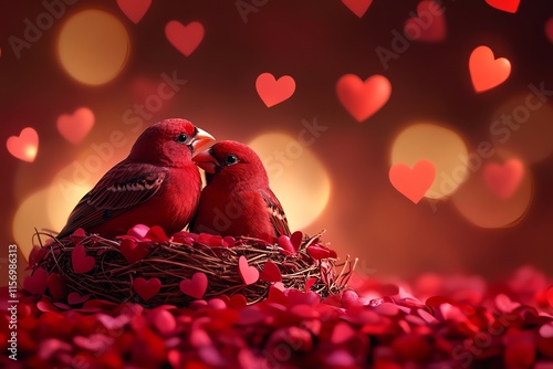 Red birds nest with heart bokeh background. photo