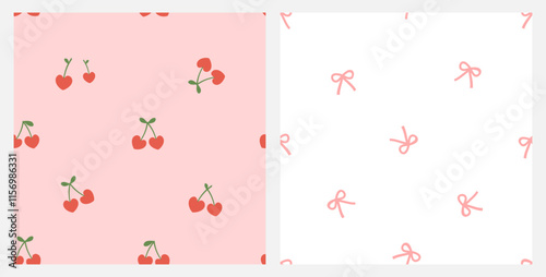 Seamless patterns of heart shape cherry fruit with green leaves and ribbon bows on pink and white backgrounds vector.