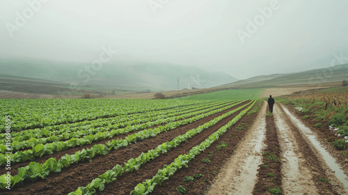 Growing lettuces in a vegetable field in Karaisali district in Adana province in a cloudy winter day photo