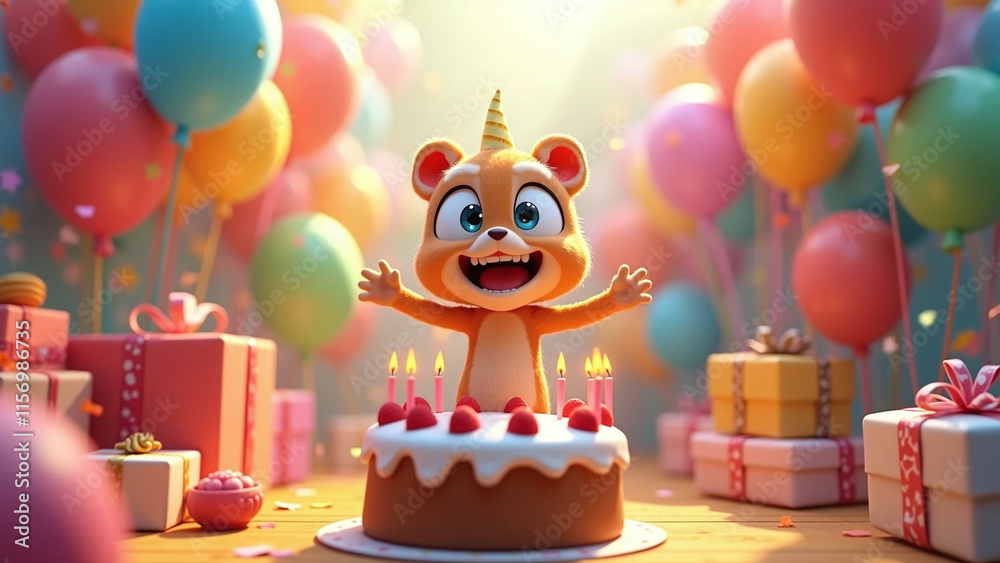 A joyful animated character celebrating a birthday with a cake and colorful balloons. A joyful animated character celebrating a birthday with a cake and colorful balloons.