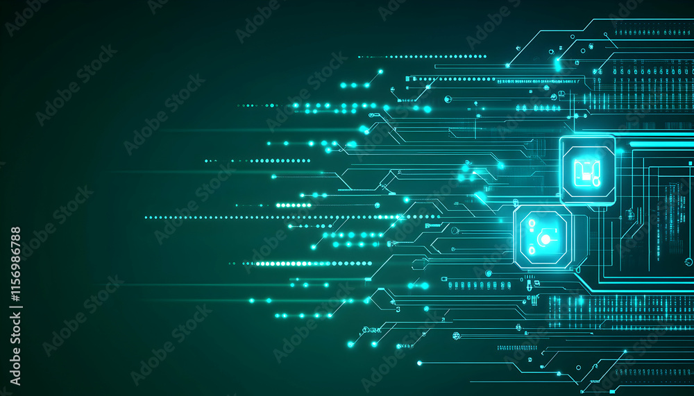 Abstract digital circuit board design, glowing teal lines and nodes on dark green background. Perfect for tech, data, and innovation concepts. Abstract digital circuit board design, glowing teal lines and nodes on dark green background. Perfect for tech, data, and innovation concepts.
