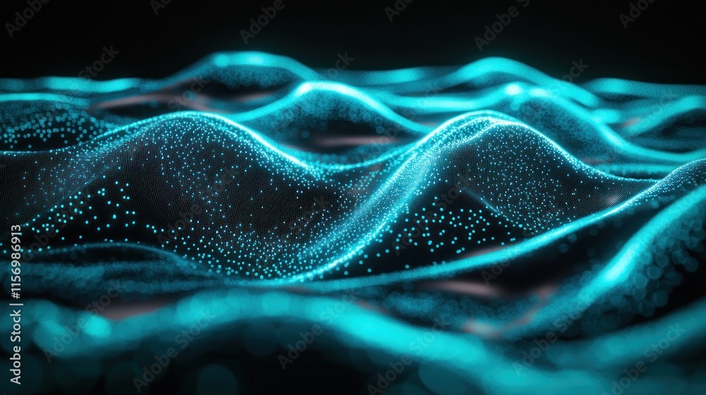 Abstract teal wave pattern with glowing particles on dark background. Abstract teal wave pattern with glowing particles on dark background.