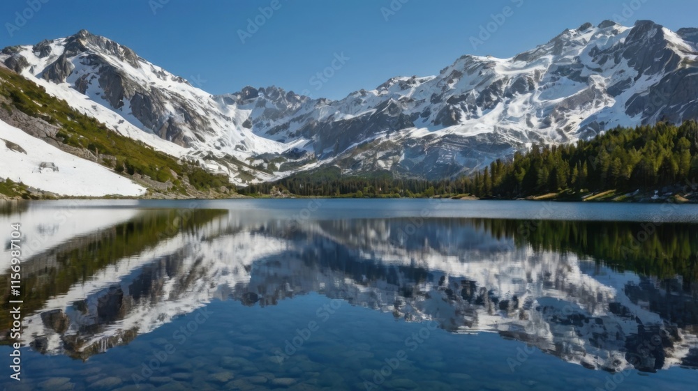 Fototapeta premium Pristine Alpine Lake with Snow-Capped Peaks Reflecting in Clear Water