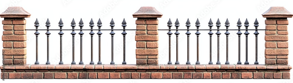 Brick fence with wrought iron decor, white isolate background Brick fence with wrought iron decor, white isolate background