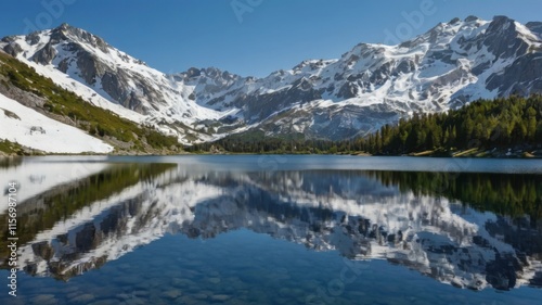 Pristine Alpine Lake with Snow-Capped Peaks Reflecting in Clear Water