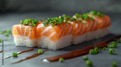 Exquisite salmon sushi pieces, meticulously arranged and garnished with fresh herbs, offer a culinary masterpiece that tantalizes the palate and pleases the eye. photo